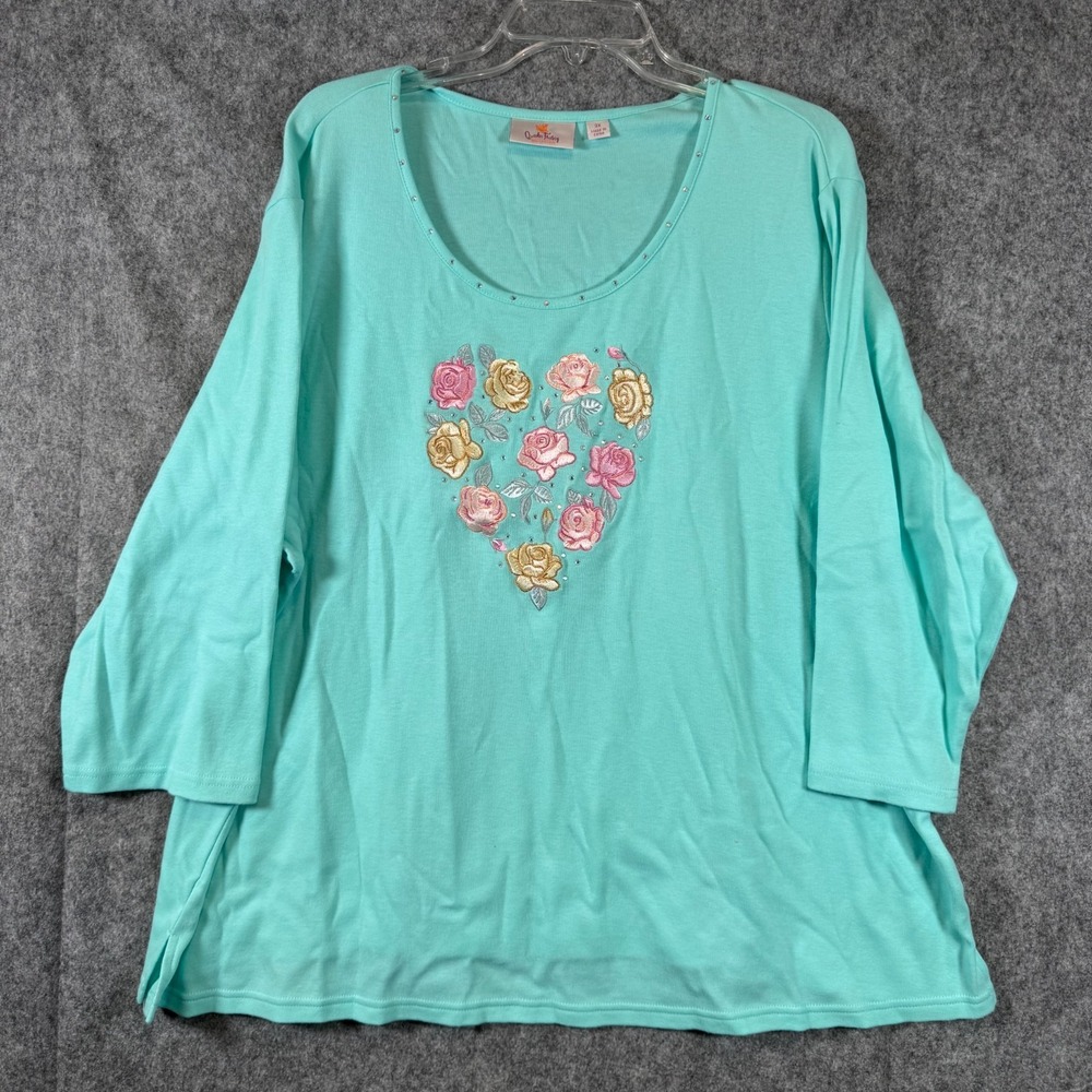 Quacker Factory Top Shirt Womens 3X Floral Embroidered Heart Roses Romantic Mint